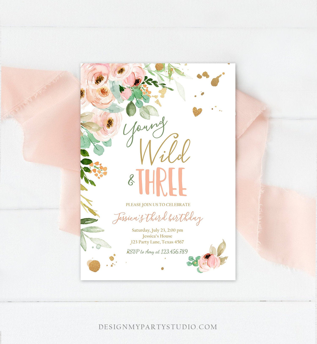 Editable Young Wild and Three Birthday Invitation 3rd Birthday Girl Pink Gold Floral Wild Download Printable Template Corjl Digital 0147