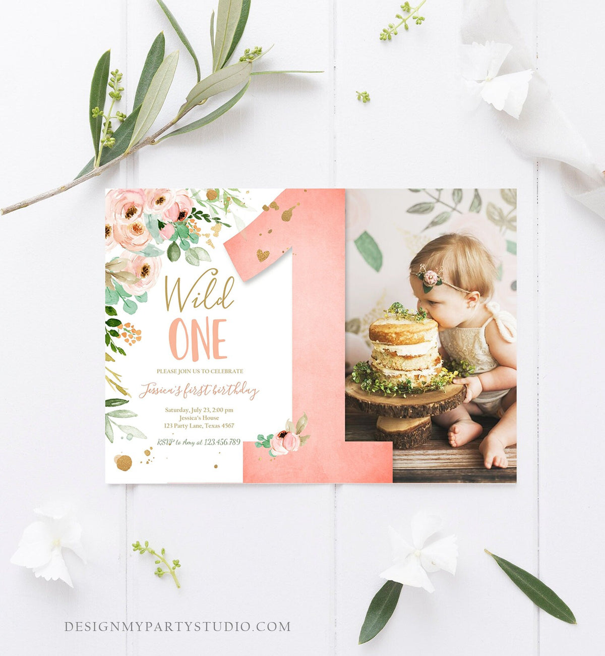 Editable Wild One Birthday Invitation 1st Birthday Girl Pink Gold Floral Miss Onederful Download Printable Template Digital Evite 0147