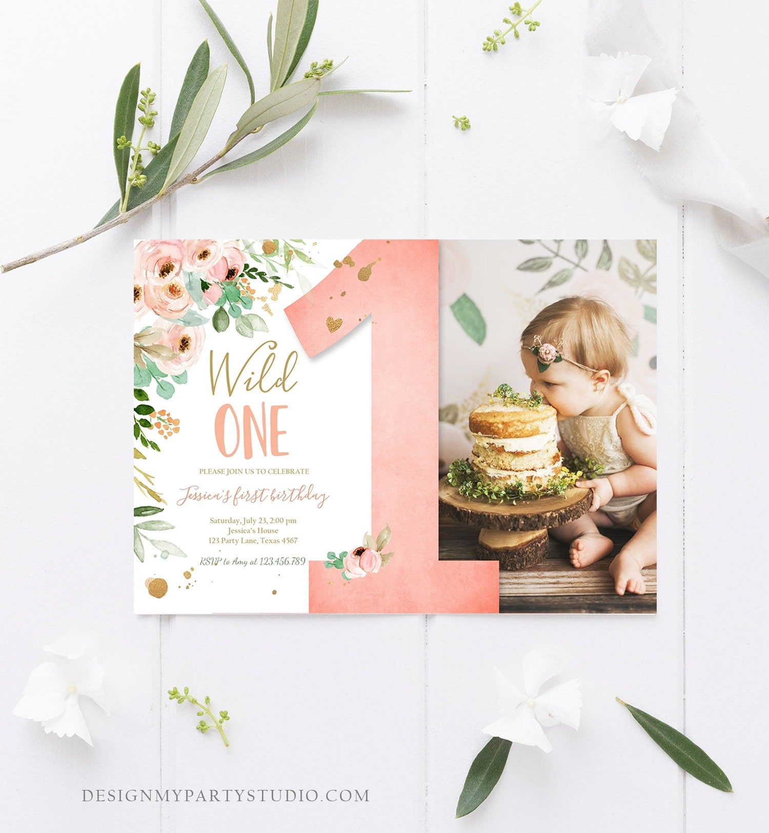 Editable Wild One Birthday Invitation 1st Birthday Girl Pink Gold Floral Miss Onederful Download Printable Template Corjl Digital 0147
