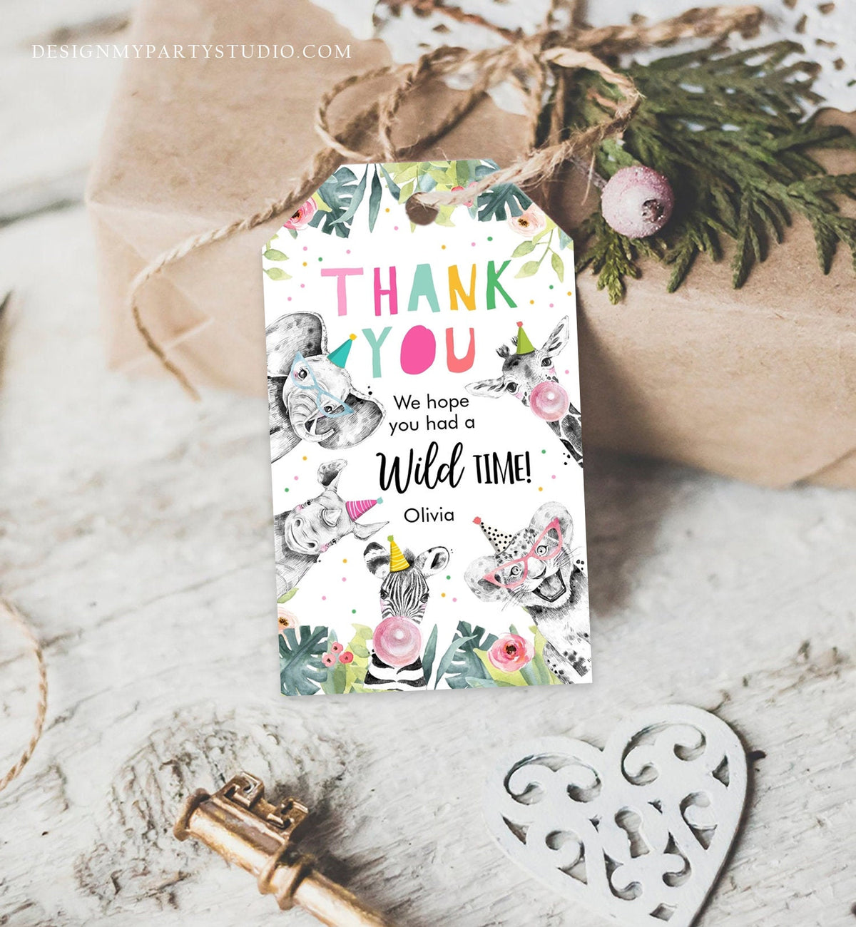 Editable Party Animals Favor Tags Wild One Animals Thank You Tags Safari Zoo Girl Birthday Wild Time Gift Tag Digital Corjl Template 0322
