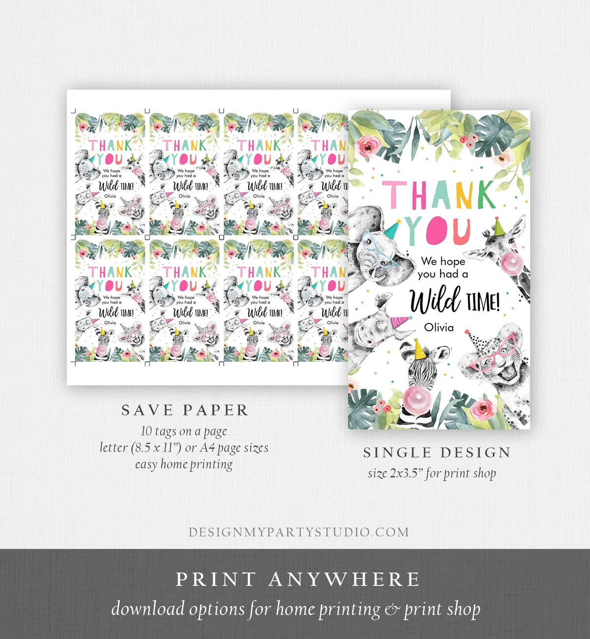 Editable Party Animals Favor Tags Wild One Animals Thank You Tags Safari Zoo Girl Birthday Wild Time Gift Tag Digital Corjl Template 0322