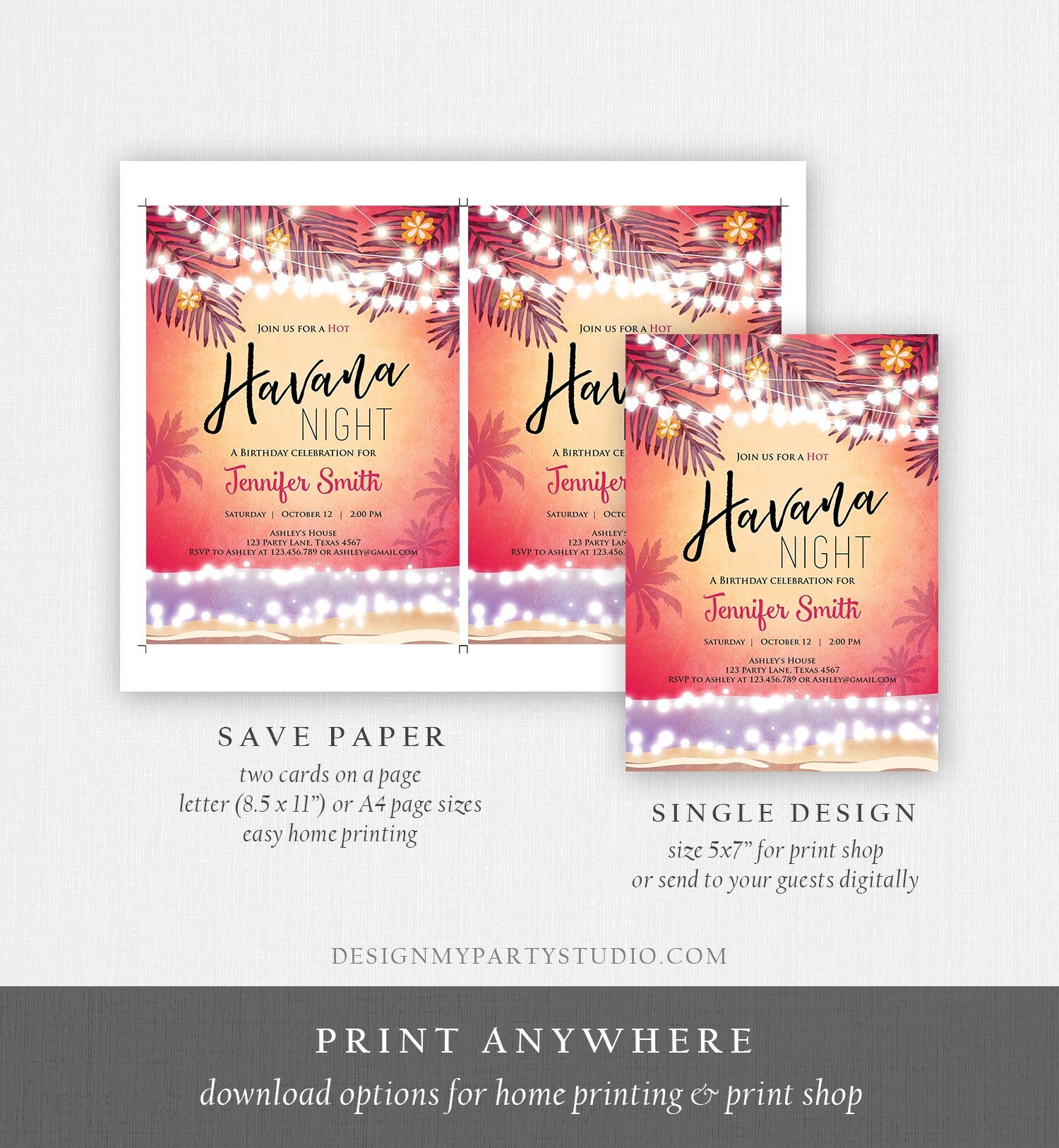 Editable Havana Nights Invitation Night in Havana Birthday Invitation Vintage Beach Party Digital Download Evite Template Printable 0287