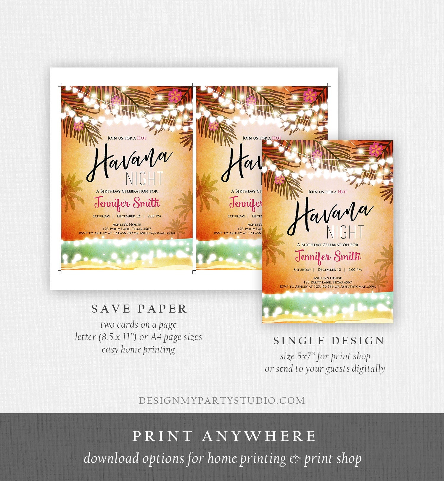 Editable Havana Nights Invitation Night in Havana Birthday Vintage Beach Download Cuban Digital Download Evite Template Printable 0287