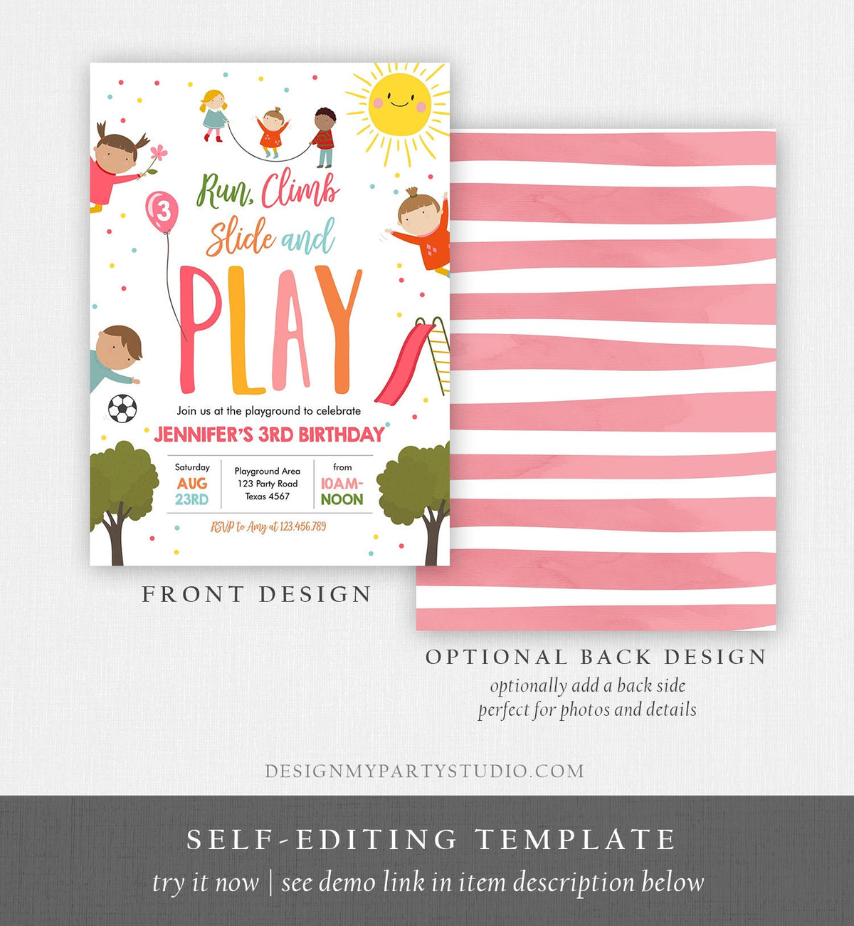 Editable Playground Birthday Invitation Party In The Park Girl Pink Run Climb Slide and Play Digital Download Evite Template Printable 0327