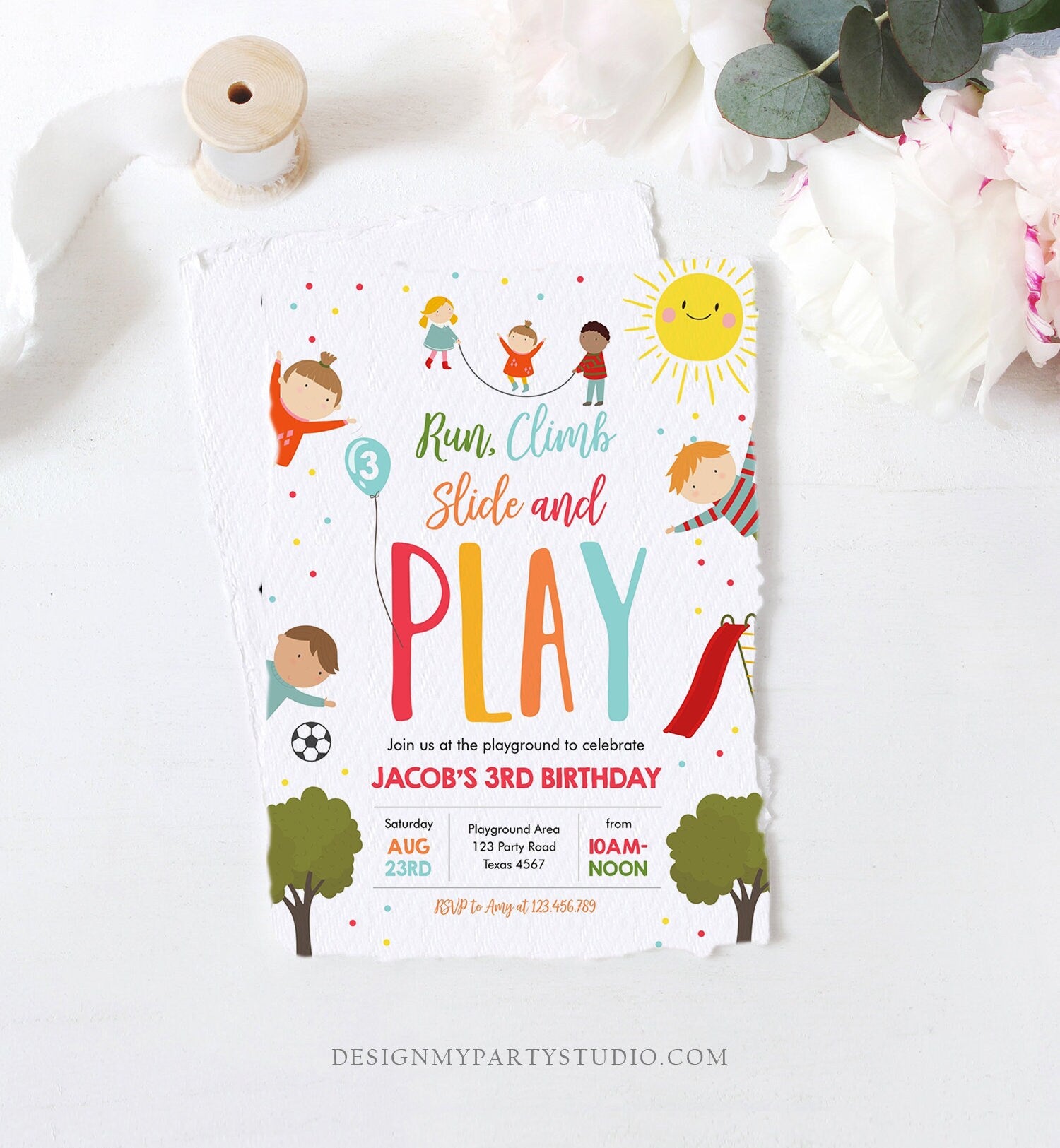 Editable Playground Birthday Invitation Party In The Park Boy Blue Run Climb Slide and Play Download Printable Template Corjl Digital 0327