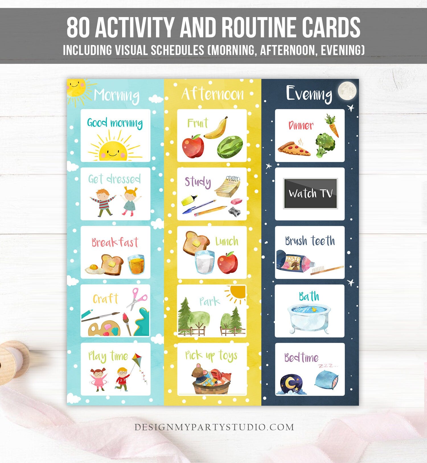 Visual Schedule Kids Daily Routine Chart 80 Cards Chores School Homeschool Toddler Preschoolers Calendar Daycare Download Printable 0341