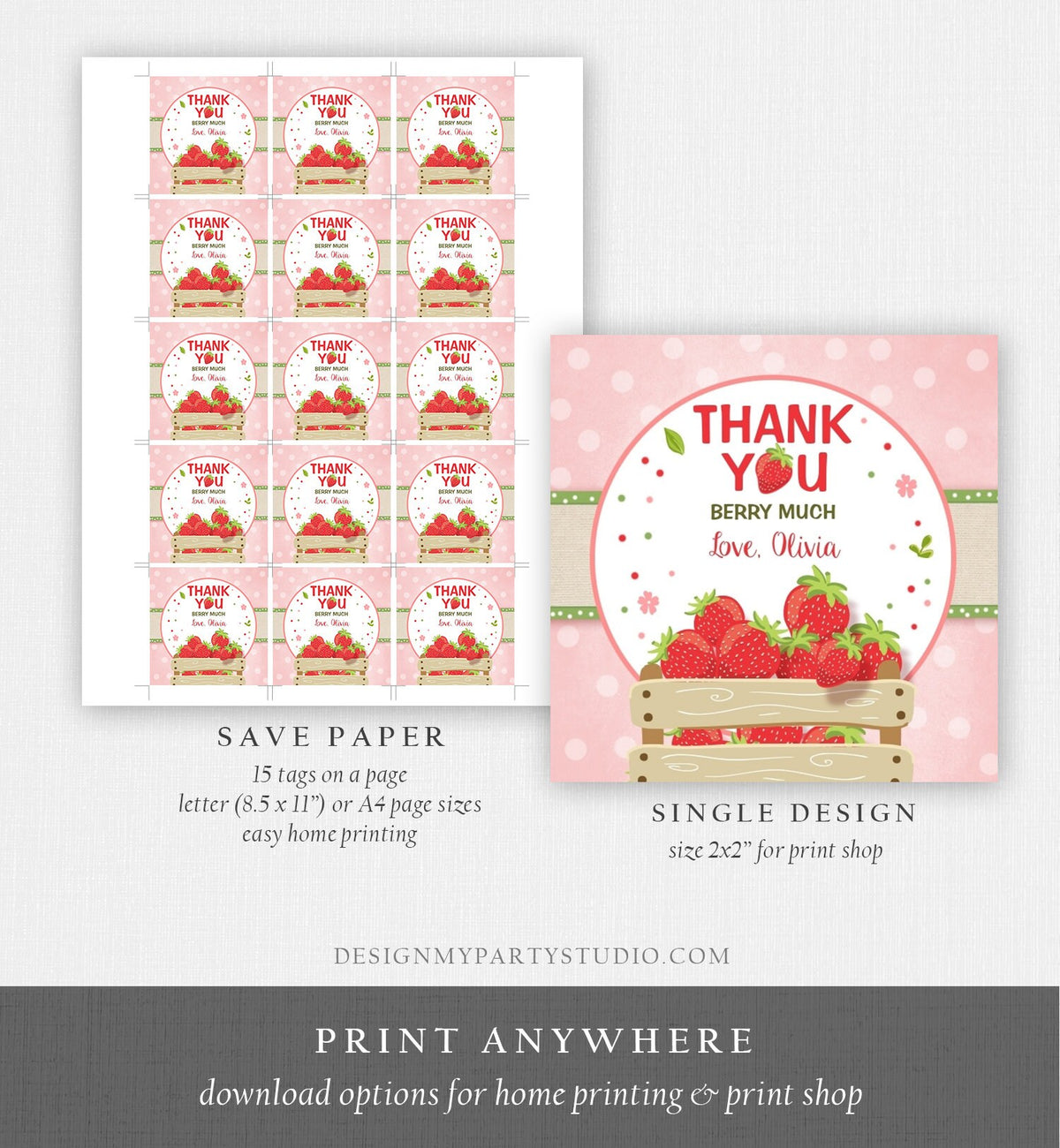 Editable Strawberry Favor Tag Strawberry Birthday Thank You Round Tag Label Berry Much Gift Tag Stickers Digital Template Printable 0091