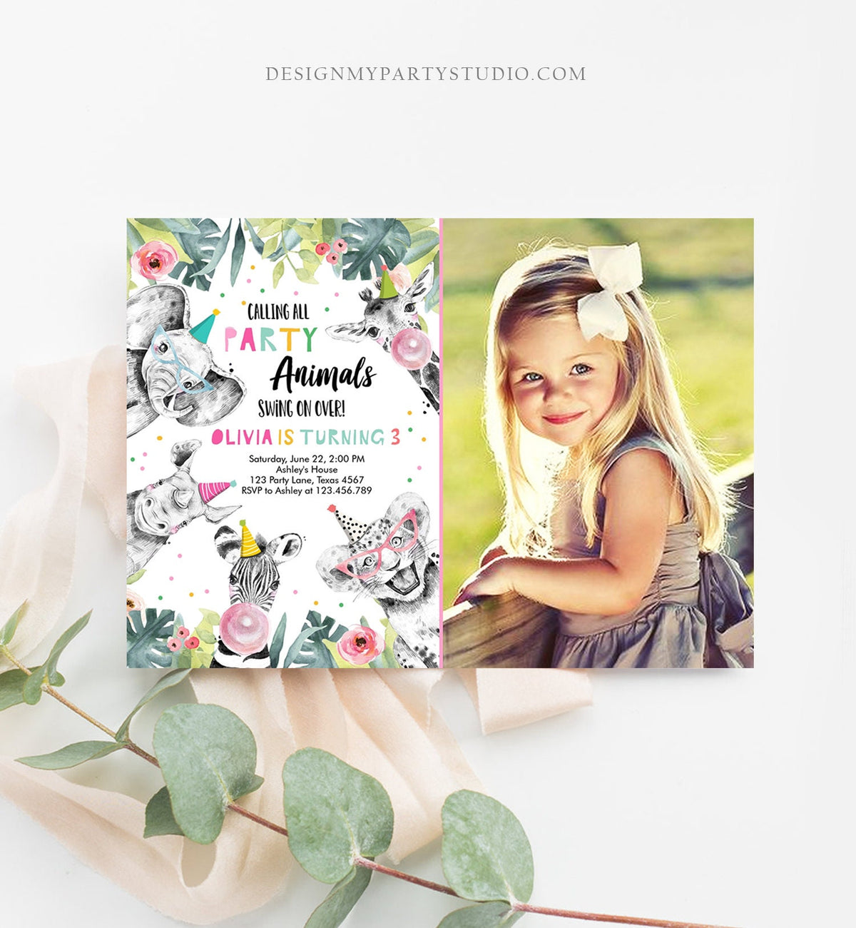 Editable Party Animals Birthday Invitation Wild One Animals Invitation Zoo Safari Animals Girl Download Printable Invite Template Corjl 0322