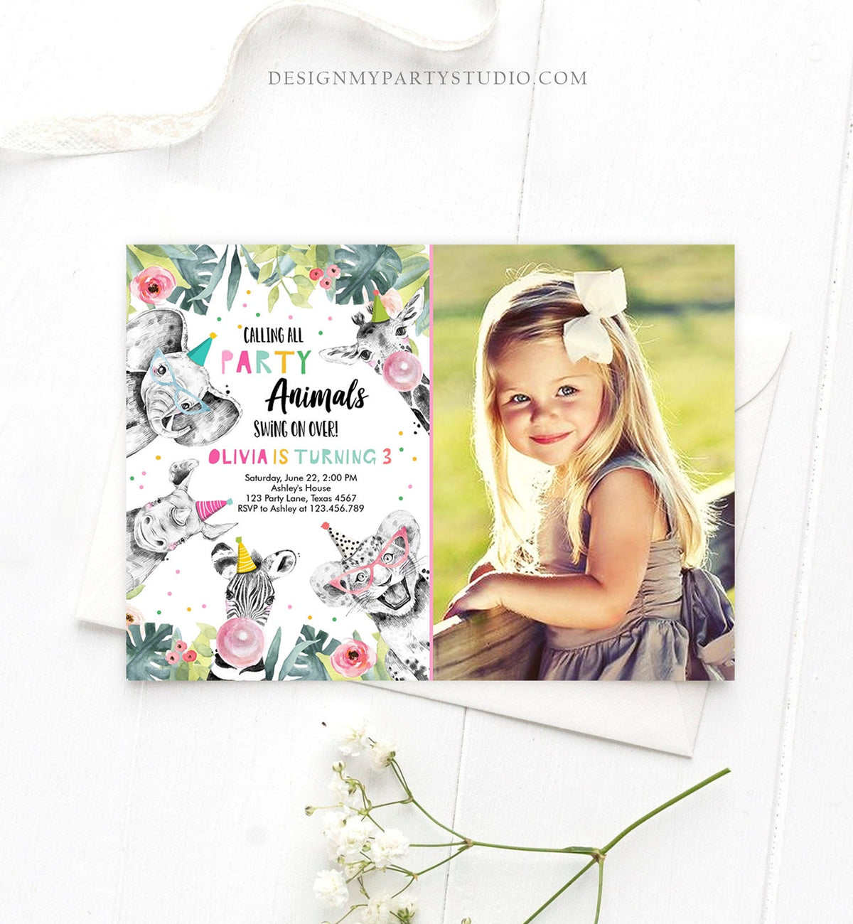 Editable Party Animals Birthday Invitation Wild One Animals Invitation Zoo Safari Animals Girl Download Printable Invite Template Corjl 0322