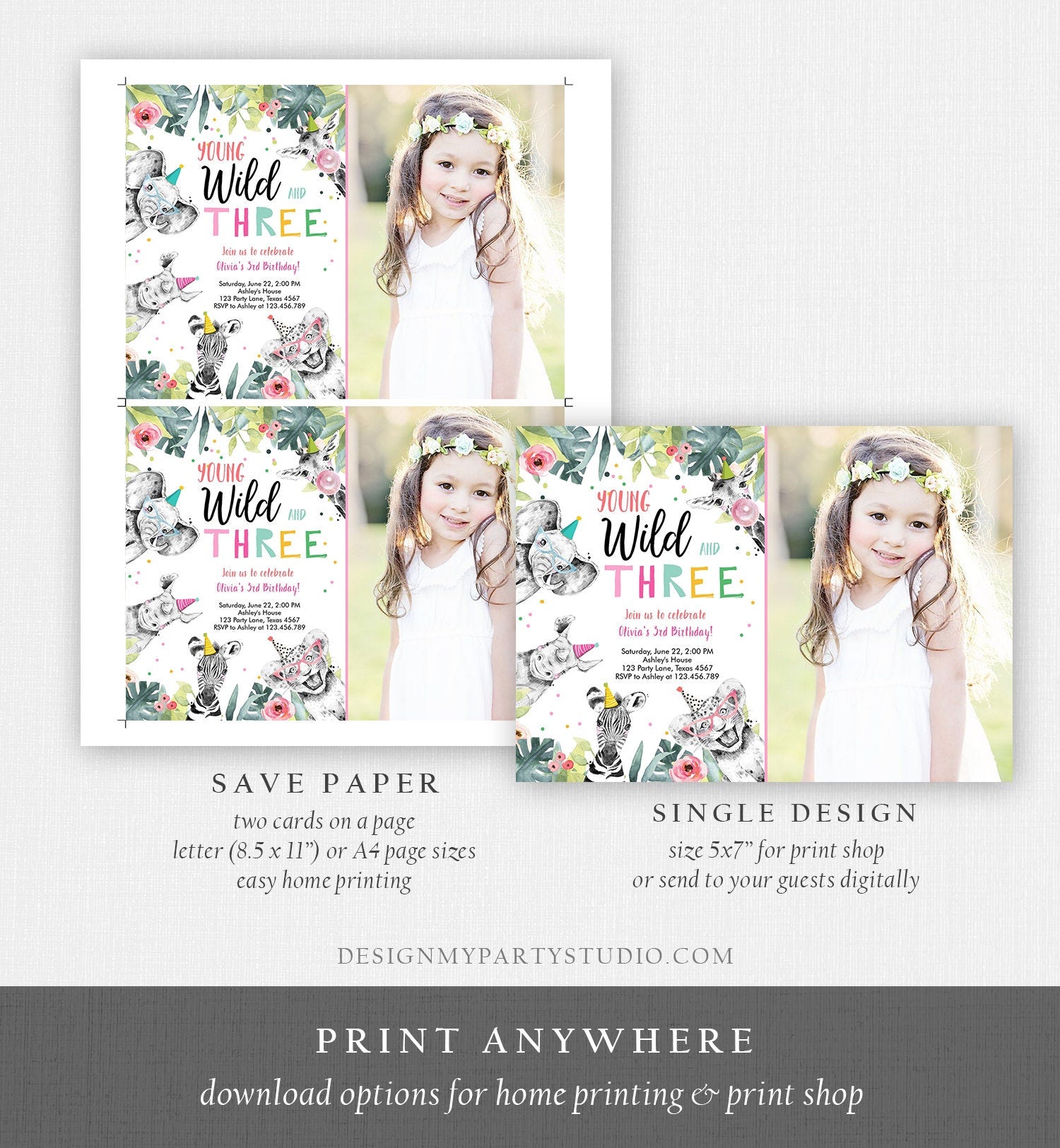 Editable Young Wild and Three Invitation Girl Pink and Gold Party Safari Animals Zoo Digital Download Evite Template Printable 0322