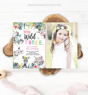 Editable Young Wild and Three Invitation Girl Pink and Gold Safari Animals Zoo Instant Download Printable Template Digital Corjl 0322