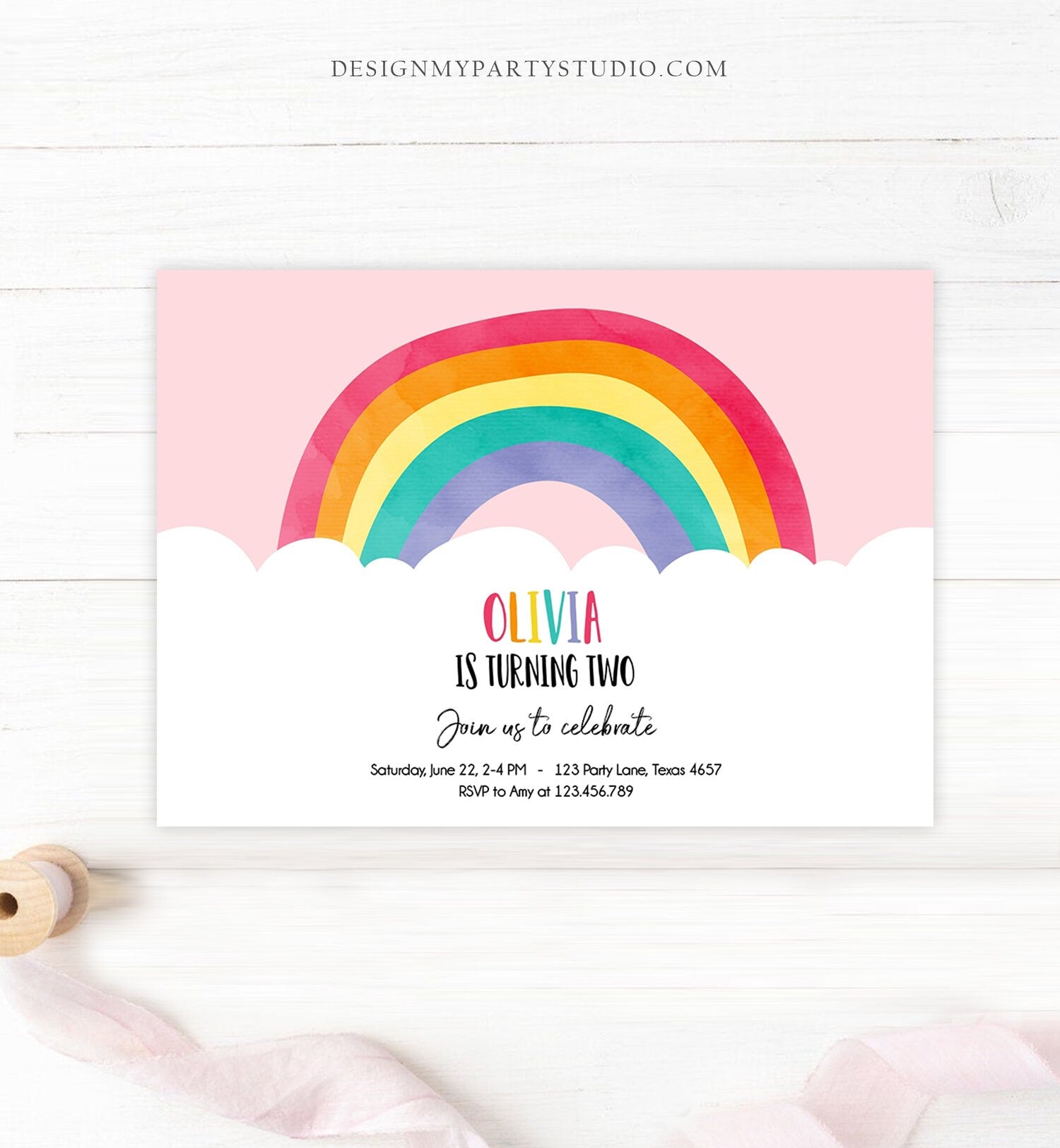 Editable Rainbow Birthday Invitation Kids Girl Baby Shower Clouds Colorful Party Rainbow Colors Printable Corjl Template Digital 0272