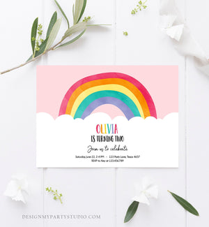 Editable Rainbow Birthday Invitation Kids Girl Baby Shower Clouds Colorful Party Rainbow Colors Printable Corjl Template Digital 0272