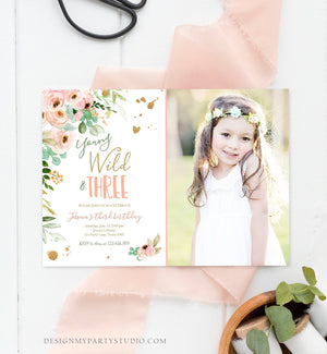 Editable Young Wild and Three Birthday Invitation 3rd Birthday Girl Pink Gold Floral Wild Download Printable Template Corjl Digital 0147