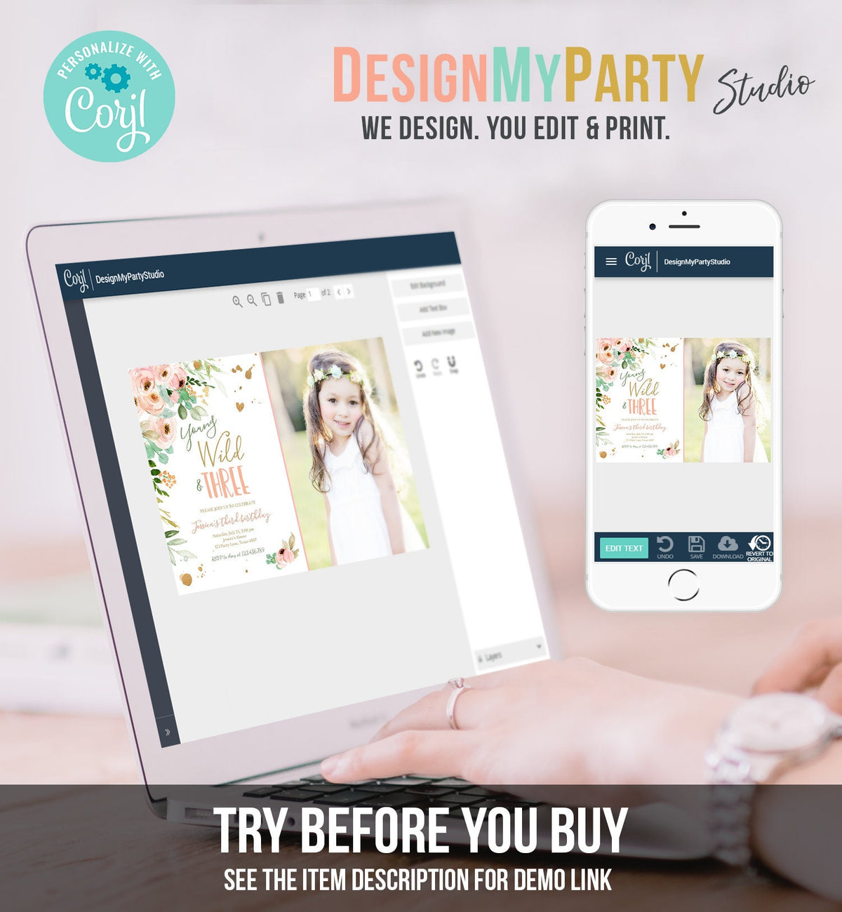 Editable Young Wild and Three Birthday Invitation 3rd Birthday Girl Pink Gold Floral Wild Digital Download Evite Template Printable 0147