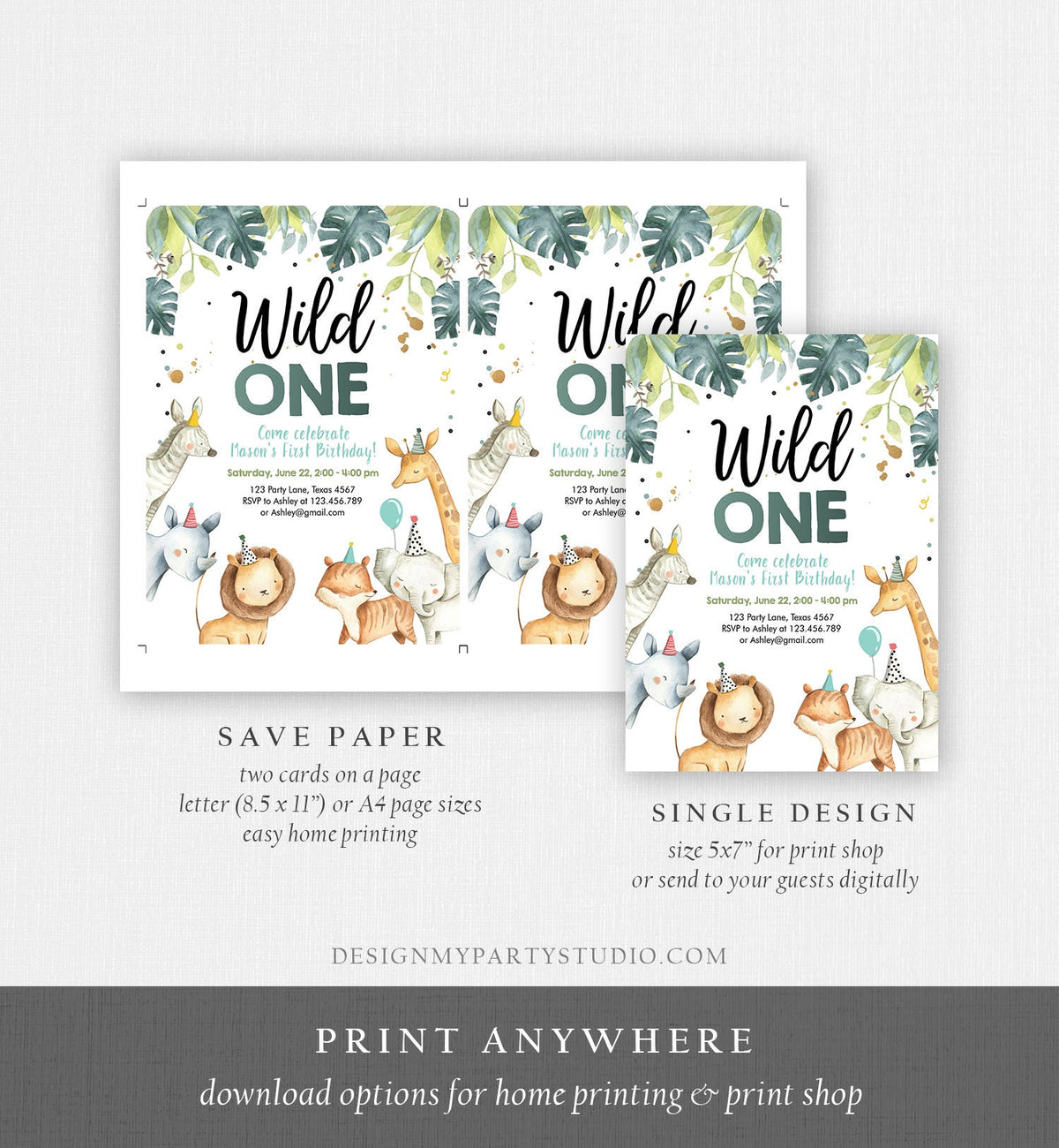 Editable Wild One Birthday Invitation Boy Safari Animals Green Gold Party Animals First Birthday 1st Download Template Corjl Printable 0163