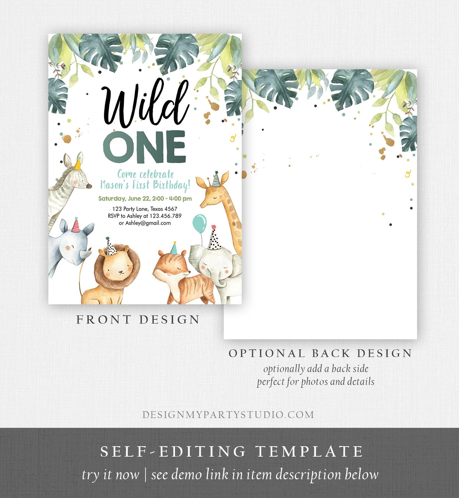 Editable Wild One Birthday Invitation Boy Safari Animals Green Gold Party Animals First Birthday 1st Download Template Corjl Printable 0163