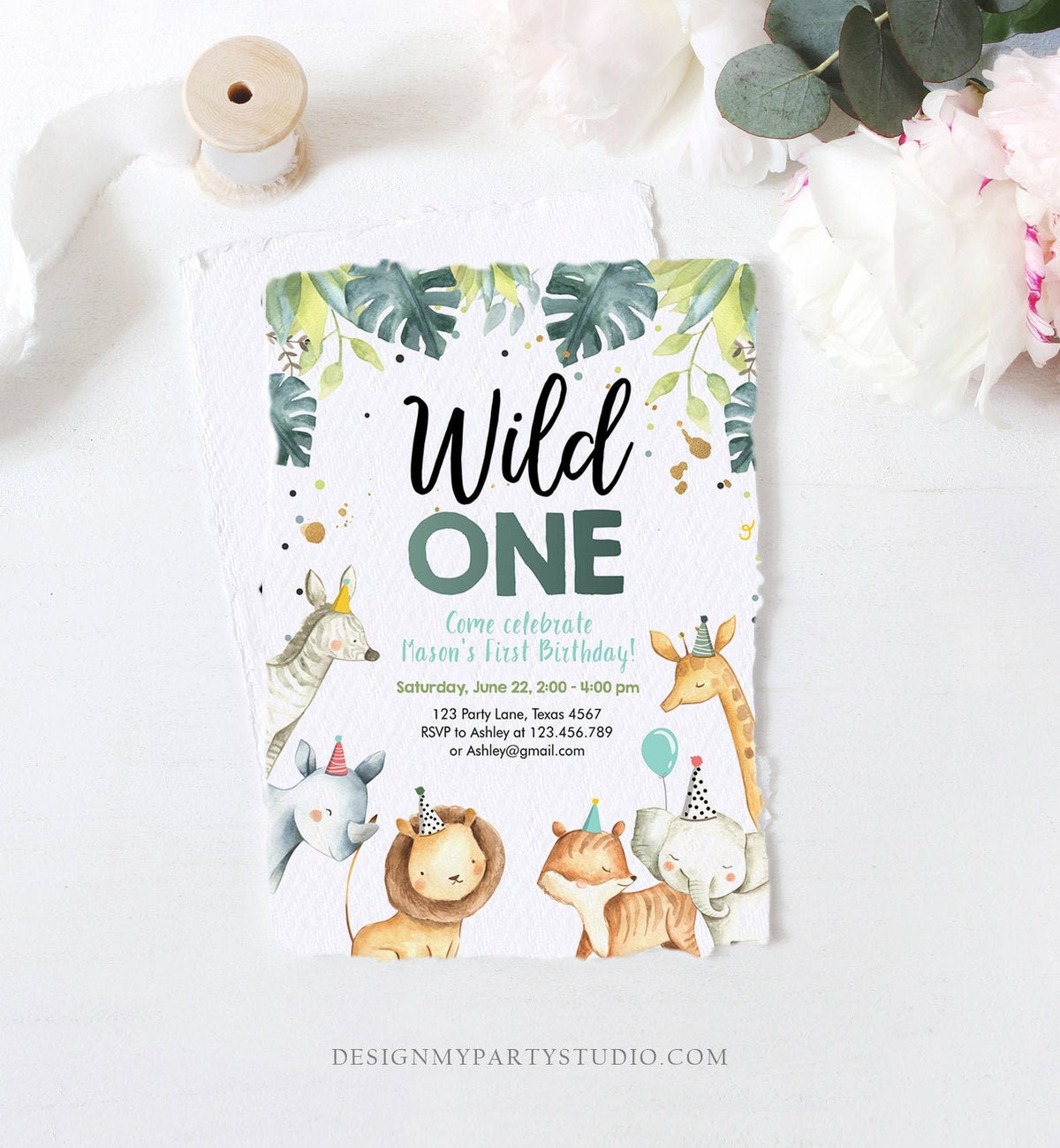 Editable Wild One Birthday Invitation Boy Safari Animals Green Gold Party Animals First Birthday 1st Download Template Corjl Printable 0163