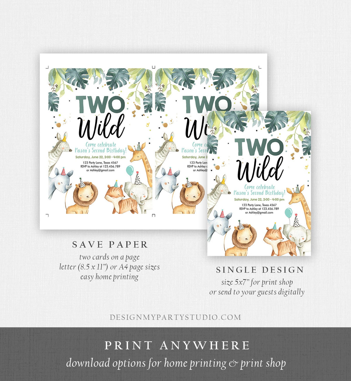 Editable Two Wild Birthday Invitation Boy Safari Animals Green Gold Party Animals Second Birthday 2nd Download Template Corjl Printable 0163