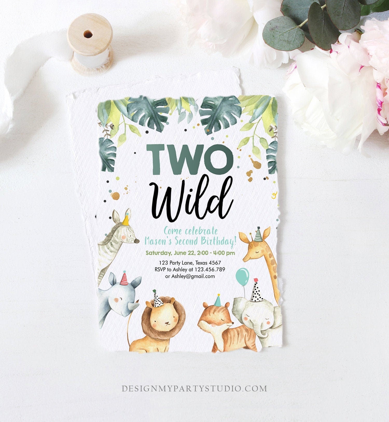 Editable Two Wild Birthday Invitation Boy Safari Animals Green Gold Party Animals Second Birthday 2nd Download Template Corjl Printable 0163