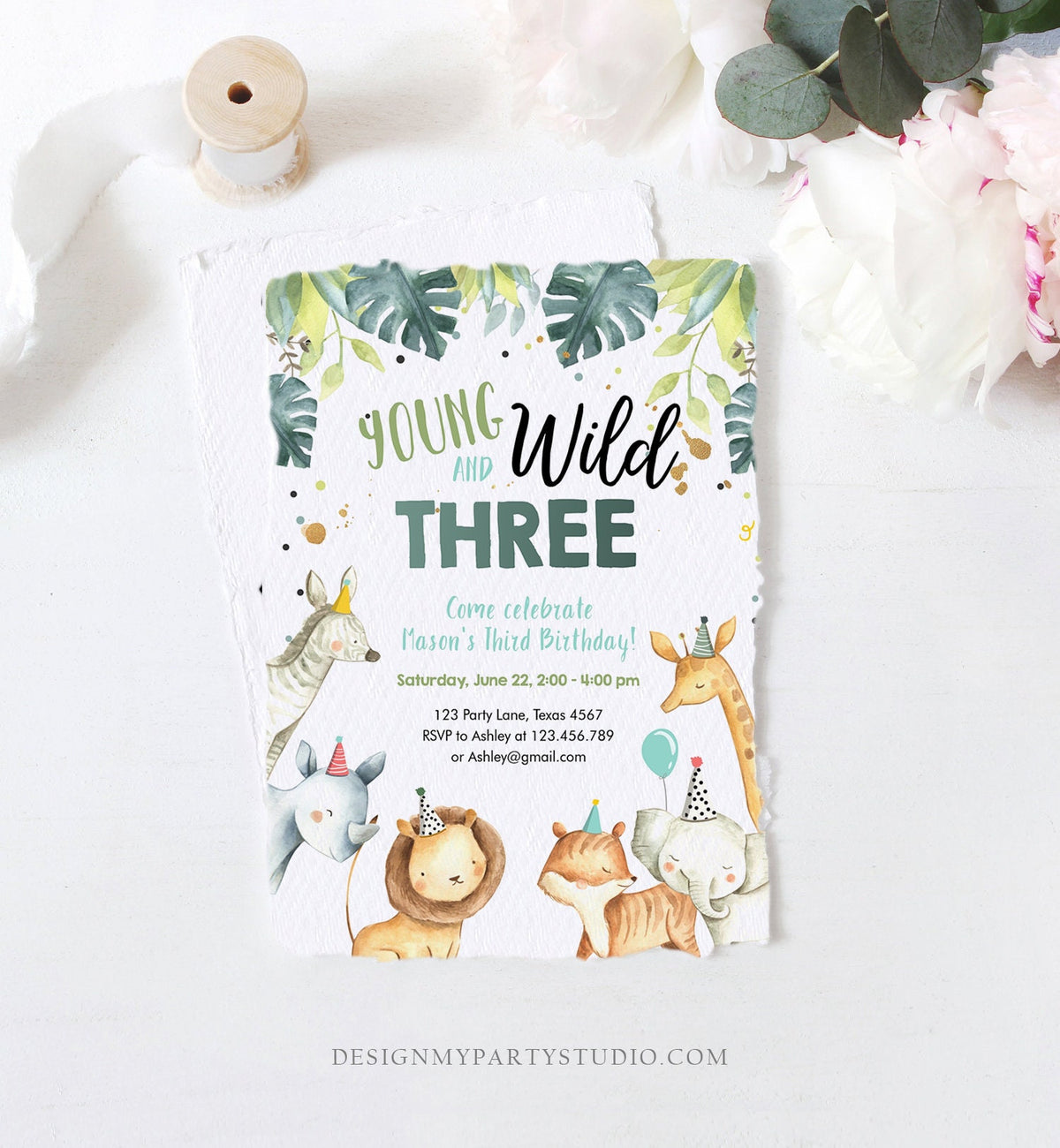 Editable Young Wild and Three Birthday Invitation Boy Safari Animals Green Party Animals Third Birthday 3rd Template Corjl Printable 0163