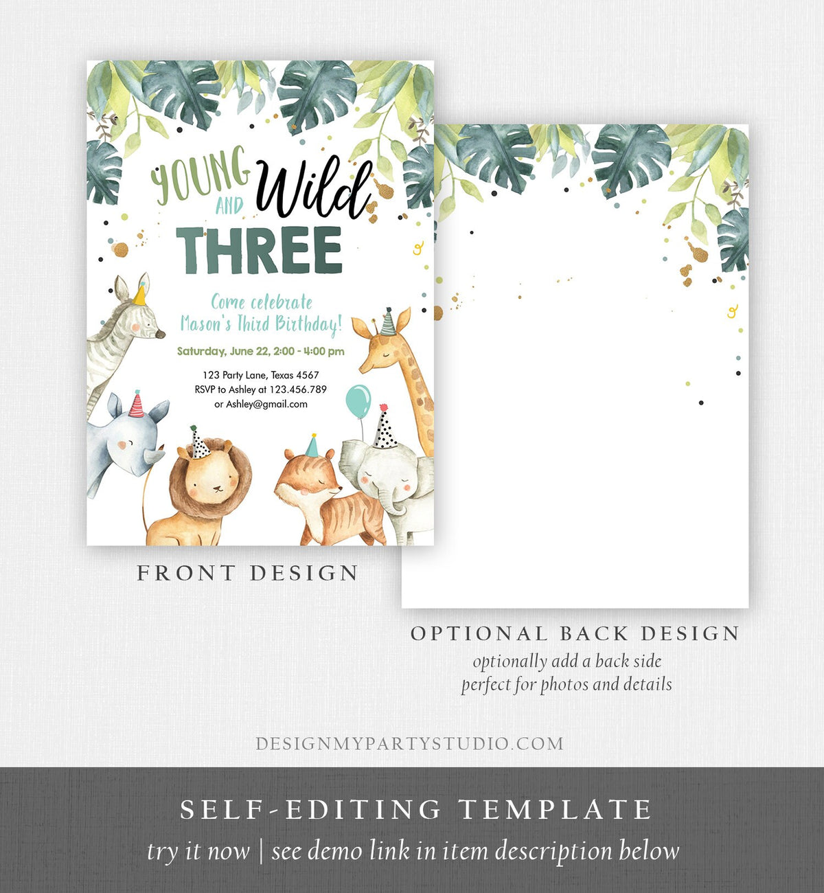 Editable Young Wild and Three Birthday Invitation Boy Safari Animals Green Party Animals Third Birthday 3rd Template Corjl Printable 0163