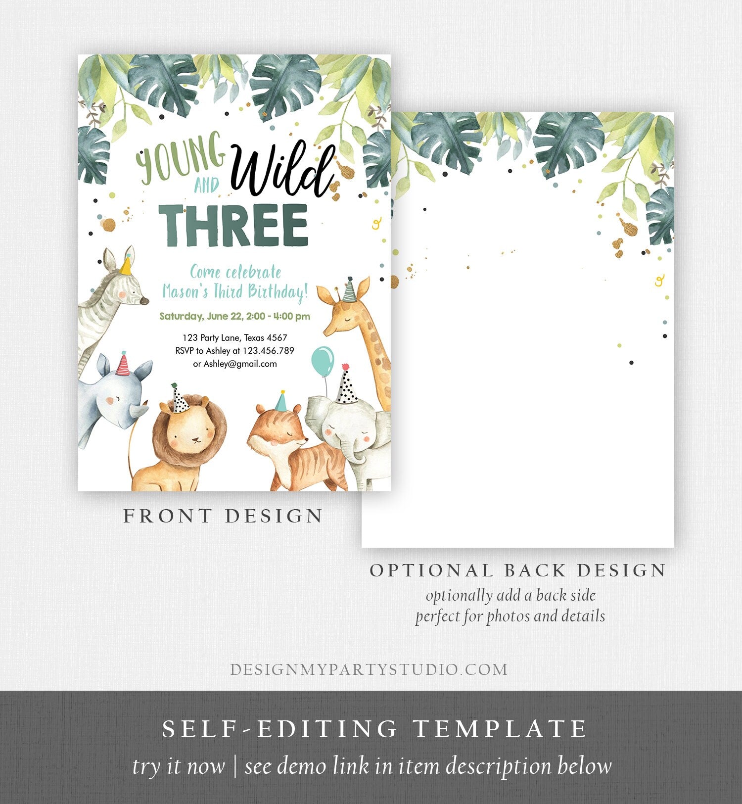 Editable Young Wild and Three Birthday Invitation Boy Safari Animals Green Party Animals Third Birthday 3rd Template Corjl Printable 0163