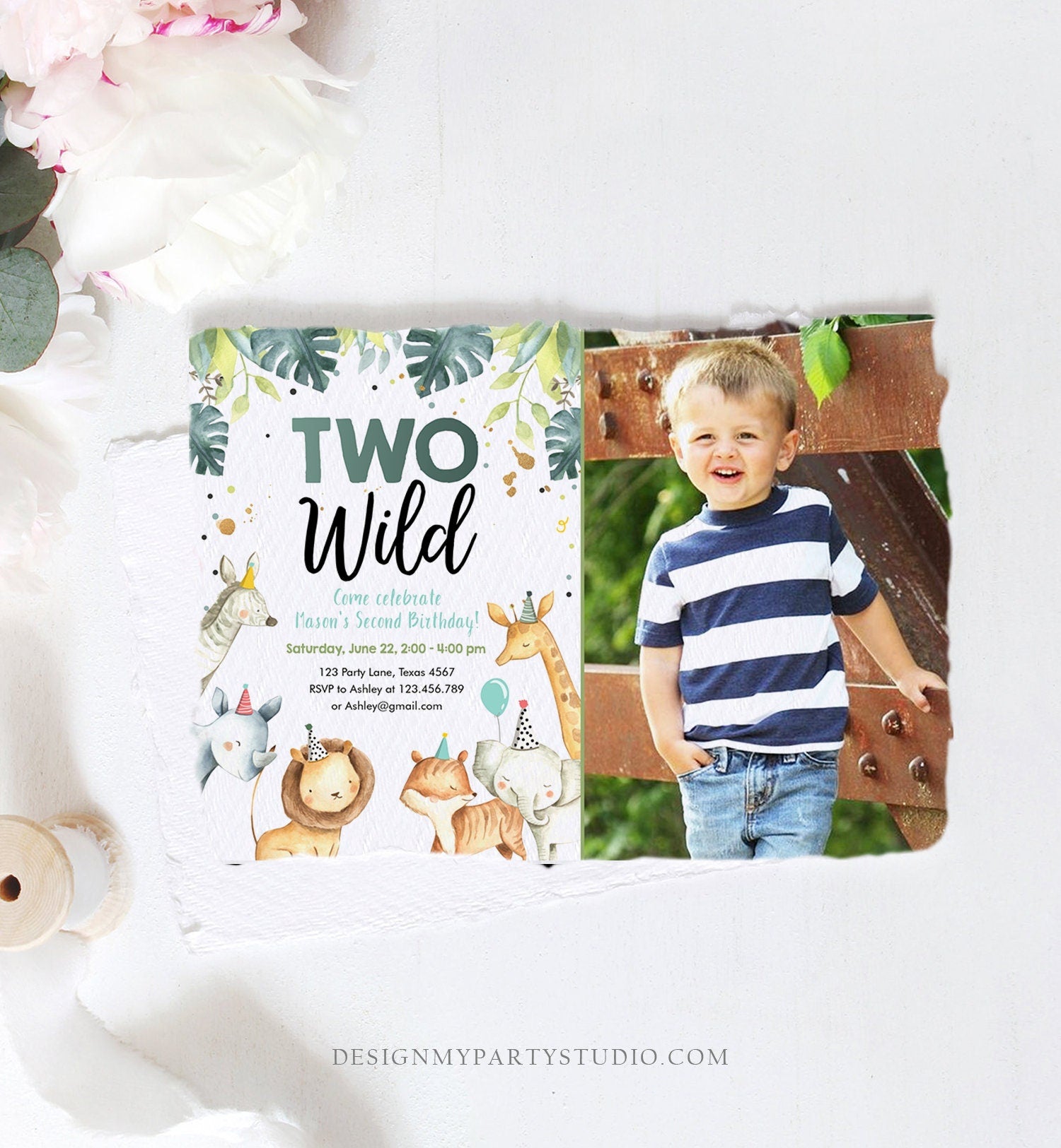 Editable Two Wild Birthday Invitation Boy Safari Animals Green Gold Party Animals Second Birthday 2nd Download Template Corjl Printable 0163