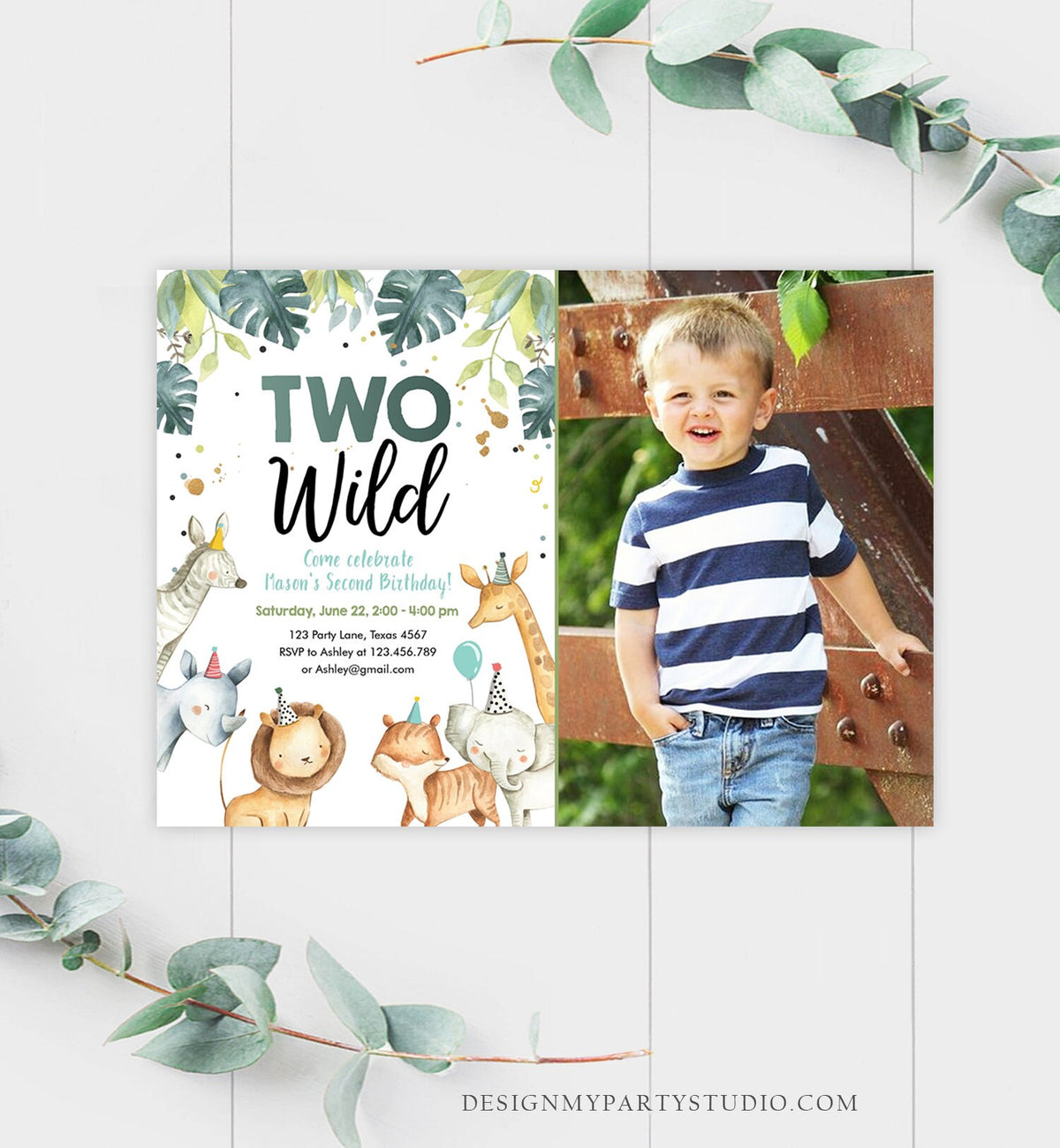 Editable Two Wild Birthday Invitation Boy Safari Animals Green Gold Party Animals Second Birthday 2nd Download Template Corjl Printable 0163
