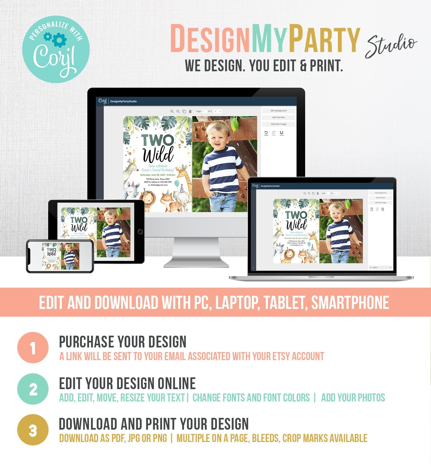 Editable Two Wild Birthday Invitation Boy Safari Animals Green Gold Party Animals Second Birthday 2nd Download Template Corjl Printable 0163