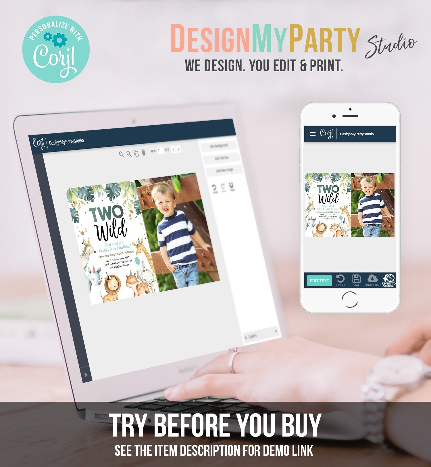 Editable Two Wild Birthday Invitation Boy Safari Animals Green Gold Party Animals Second Birthday 2nd Download Template Corjl Printable 0163