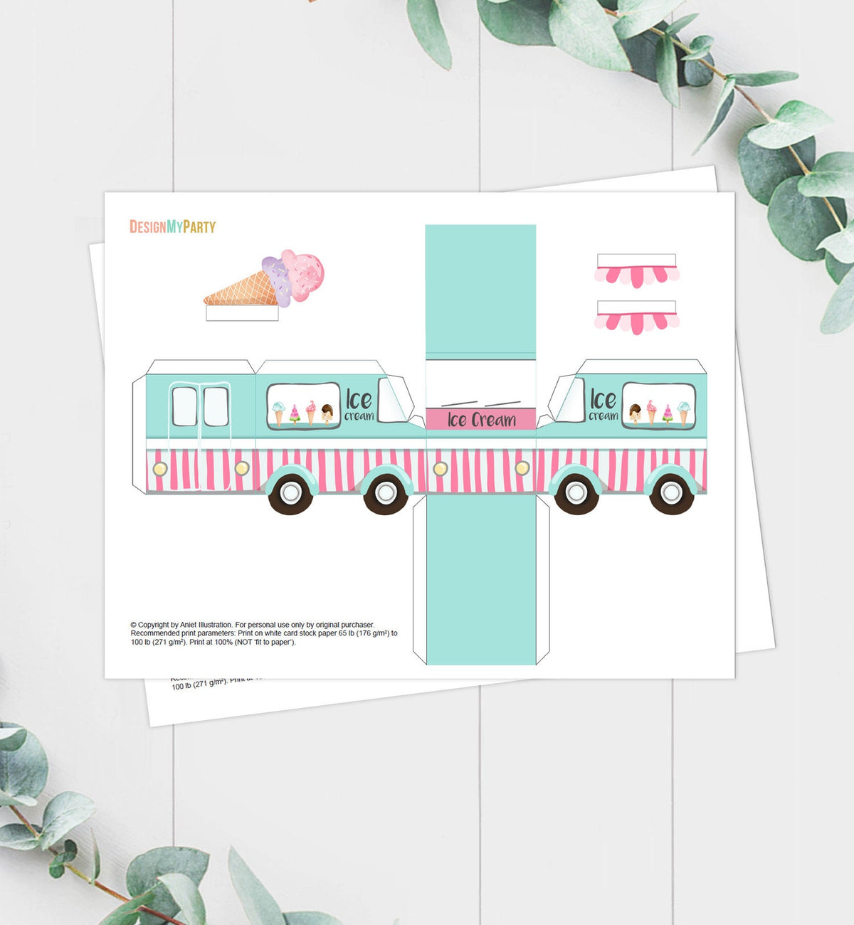 Printable Ice Cream Birthday Ice Cream Party Favor Box Ice Cream Centerpieces Table Decor Decorations Truck Pink Girl DIY Digital 0243