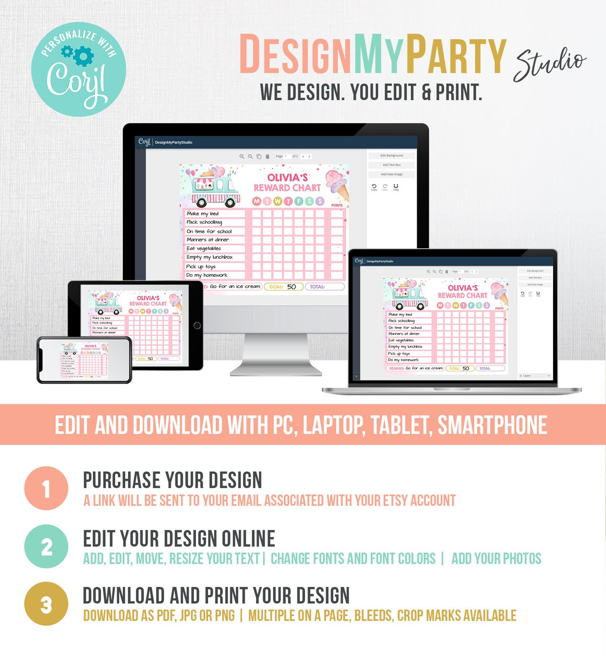 Editable Ice Cream Reward Chart Girls Chore Chart Kids Routine Chart Pink Girl Stars Purple Week Chore Chart Printable Corjl 0243