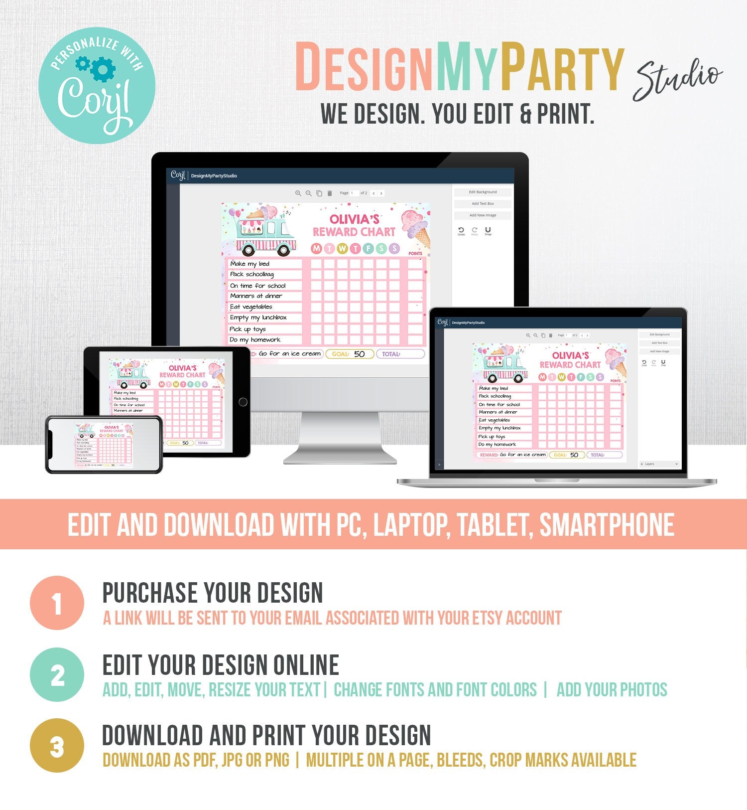 Editable Ice Cream Reward Chart Girls Chore Chart Kids Routine Chart Pink Girl Stars Purple Week Chore Chart Printable Corjl 0243