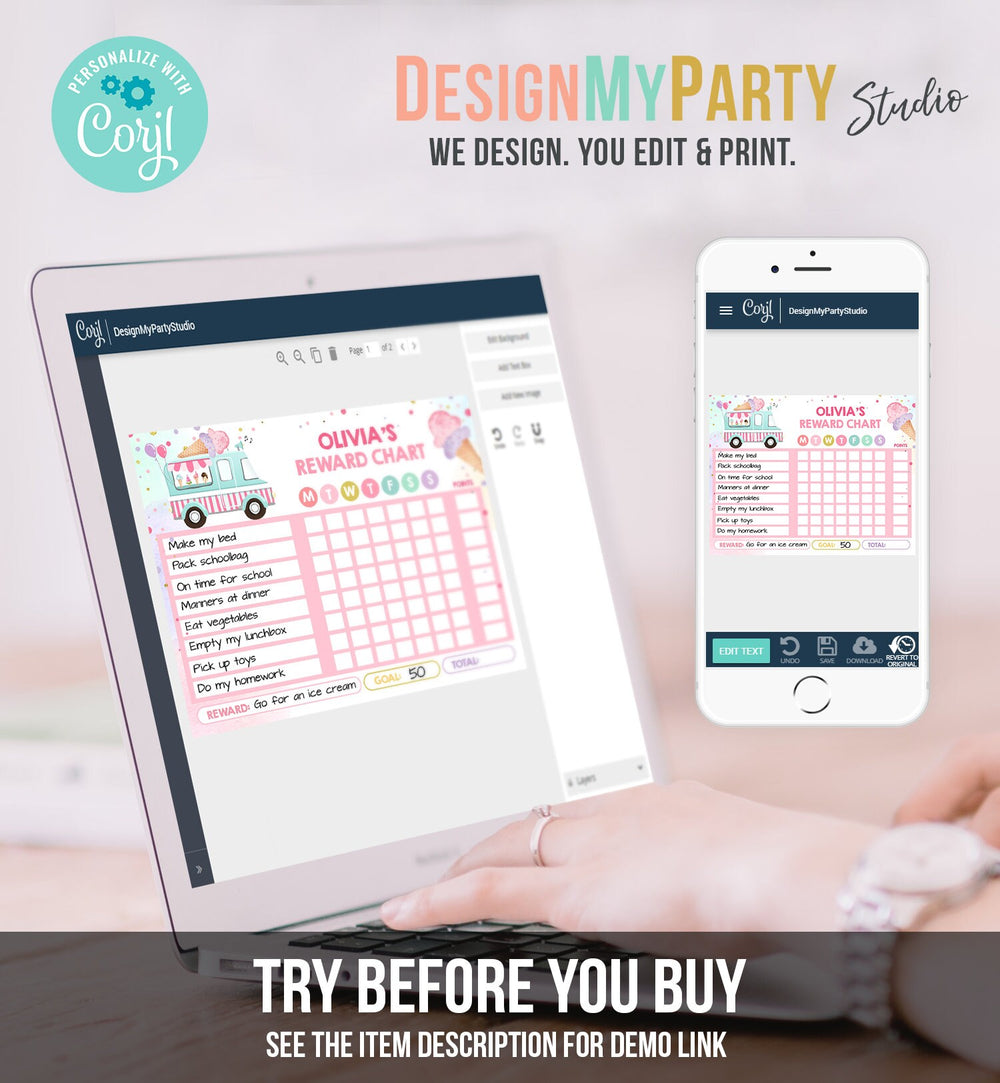 Editable Ice Cream Reward Chart Girls Chore Chart Kids Routine Chart P ...