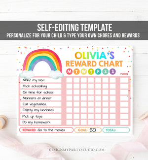 Editable Rainbow Cloud Reward Chart for Girls Chore Chart Kids Routine Chart Pink Rainbow Colors Digital Printable Corjl Template 0272