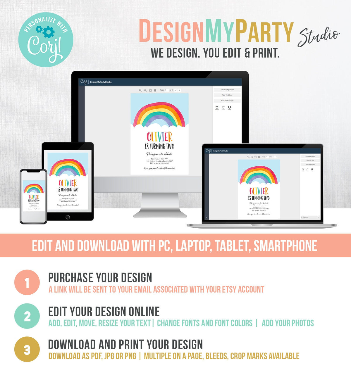 Editable Rainbow Birthday Invitation Boy Girl Neutral Clouds Blue Rainbow Fun Over the Rainbow Party Digital Corjl Template Printable 0272