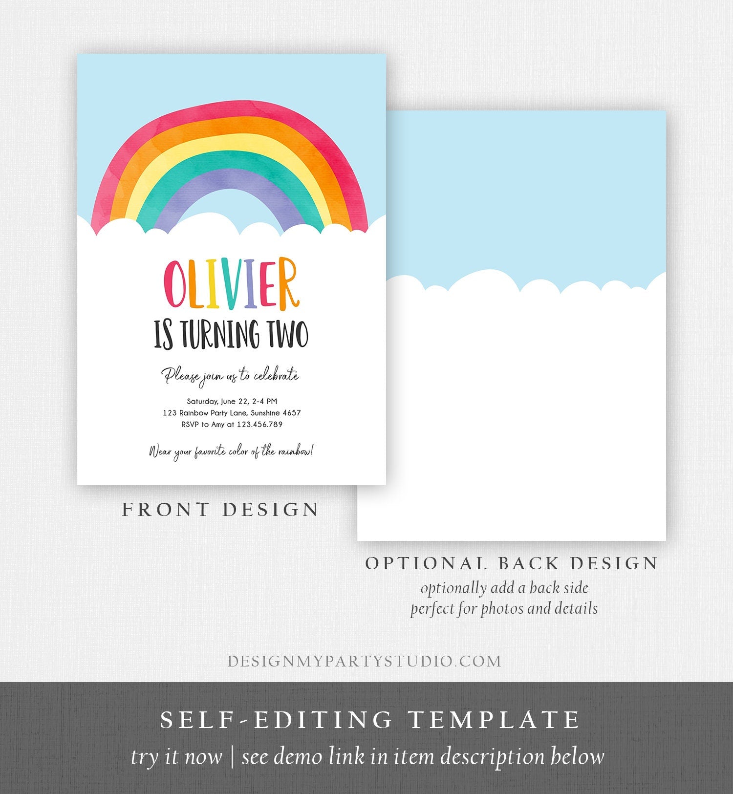 Editable Rainbow Birthday Invitation Boy Girl Neutral Clouds Blue Rainbow Fun Over the Rainbow Party Digital Corjl Template Printable 0272