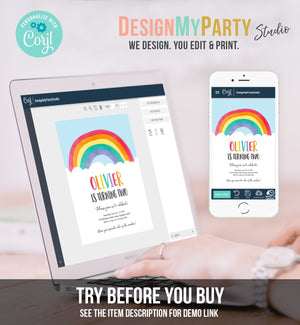 Editable Rainbow Birthday Invitation Boy Girl Neutral Clouds Blue Rainbow Fun Over the Rainbow Party Digital Corjl Template Printable 0272