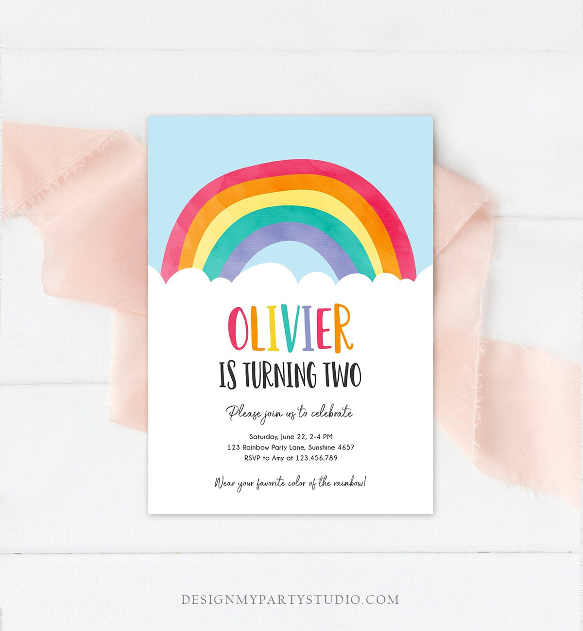 Editable Rainbow Birthday Invitation Boy Girl Neutral Clouds Blue Rainbow Fun Over the Rainbow Party Digital Corjl Template Printable 0272