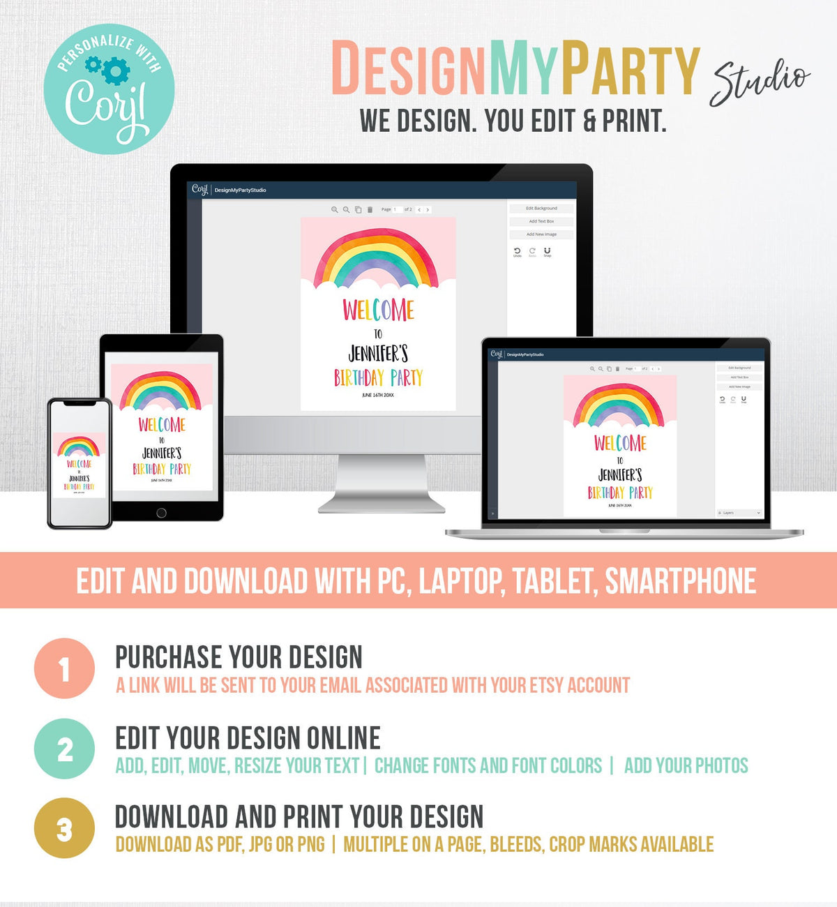 Editable Rainbow Welcome Sign Rainbow Birthday Party Sign Colorful Rainbow Fun Clouds Pink Girl Watercolor Corjl Template Printable 0272