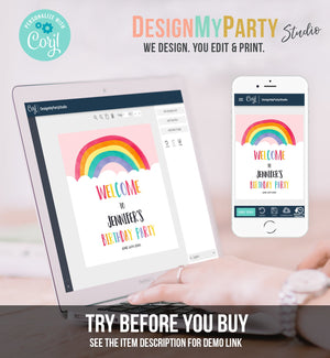 Editable Rainbow Welcome Sign Rainbow Birthday Party Sign Colorful Rainbow Fun Clouds Pink Girl Watercolor Corjl Template Printable 0272