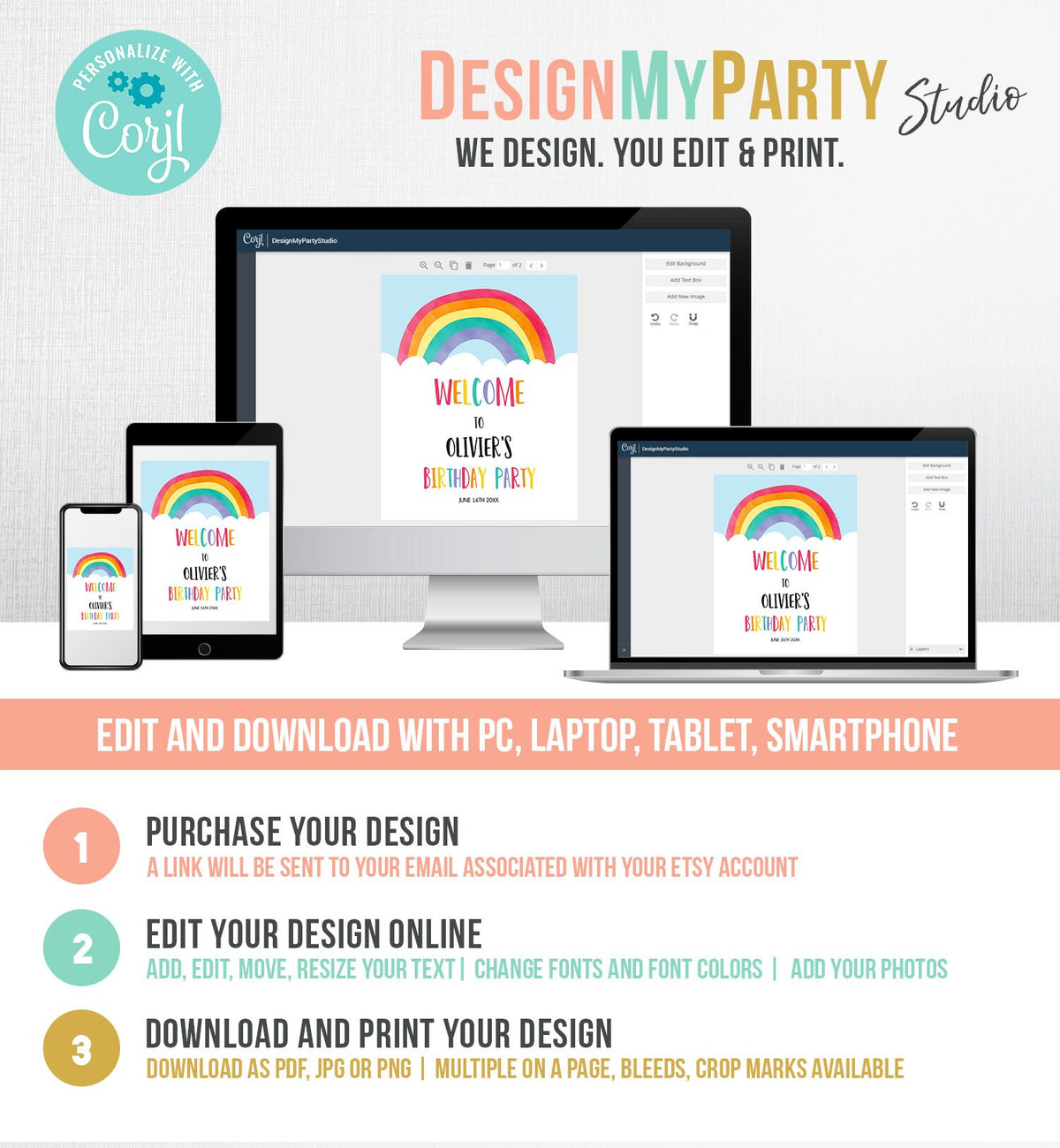 Editable Rainbow Welcome Sign Rainbow Birthday Party Sign Colorful Rainbow Fun Clouds Blue Boy Watercolor Digital Template Printable 0272