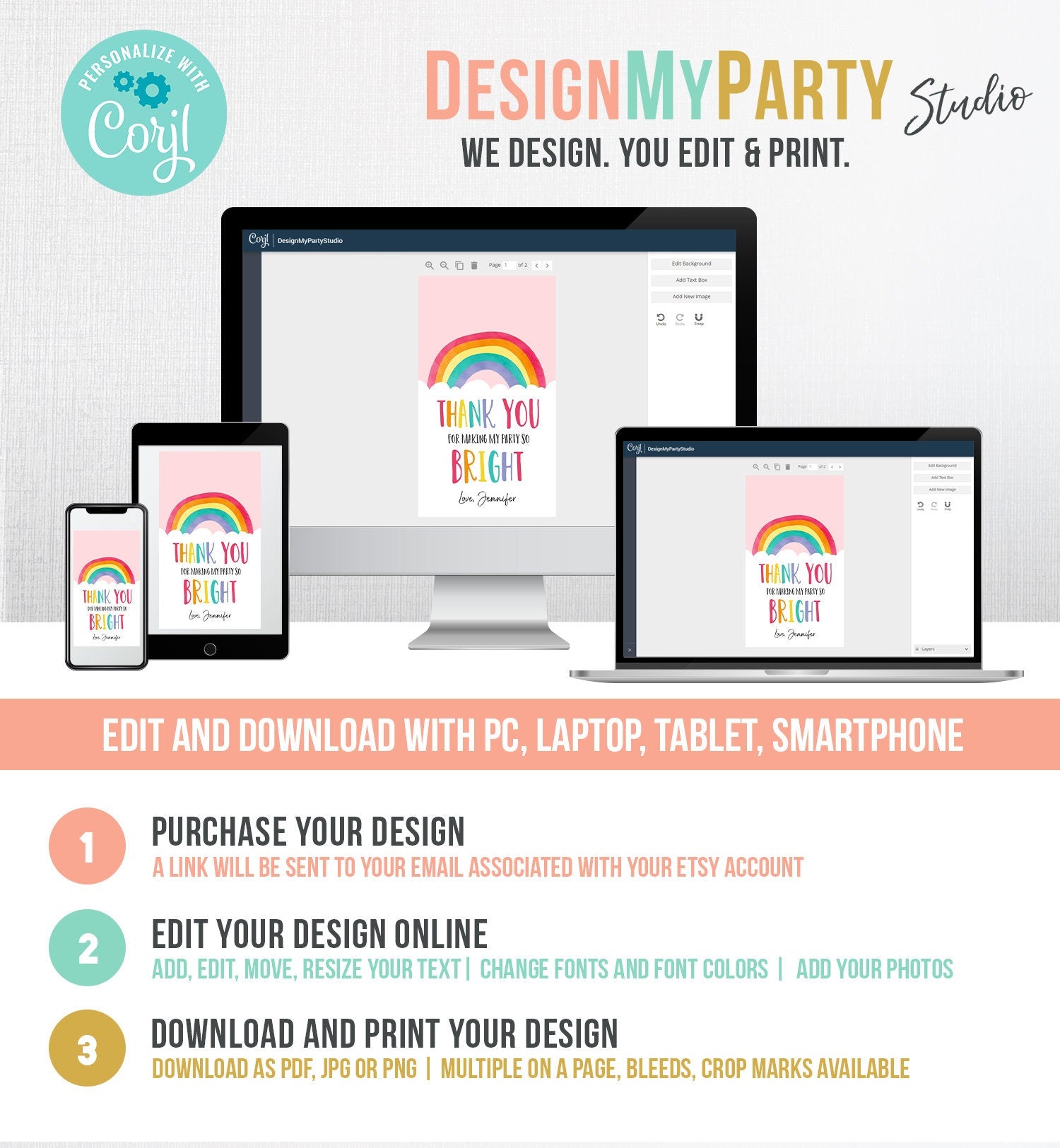 Editable Rainbow Favor Tags Rainbow Birthday Baby Shower Thank You Tags Colorful Girl Boy Blue Pink Digital Template Printable 0272