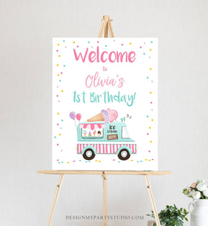 Editable Ice Cream Truck Party Welcome Sign Ice Cream Birthday Welcome Ice Cream Girl Summer Pink Mint Purple Template PRINTABLE Corjl 0243