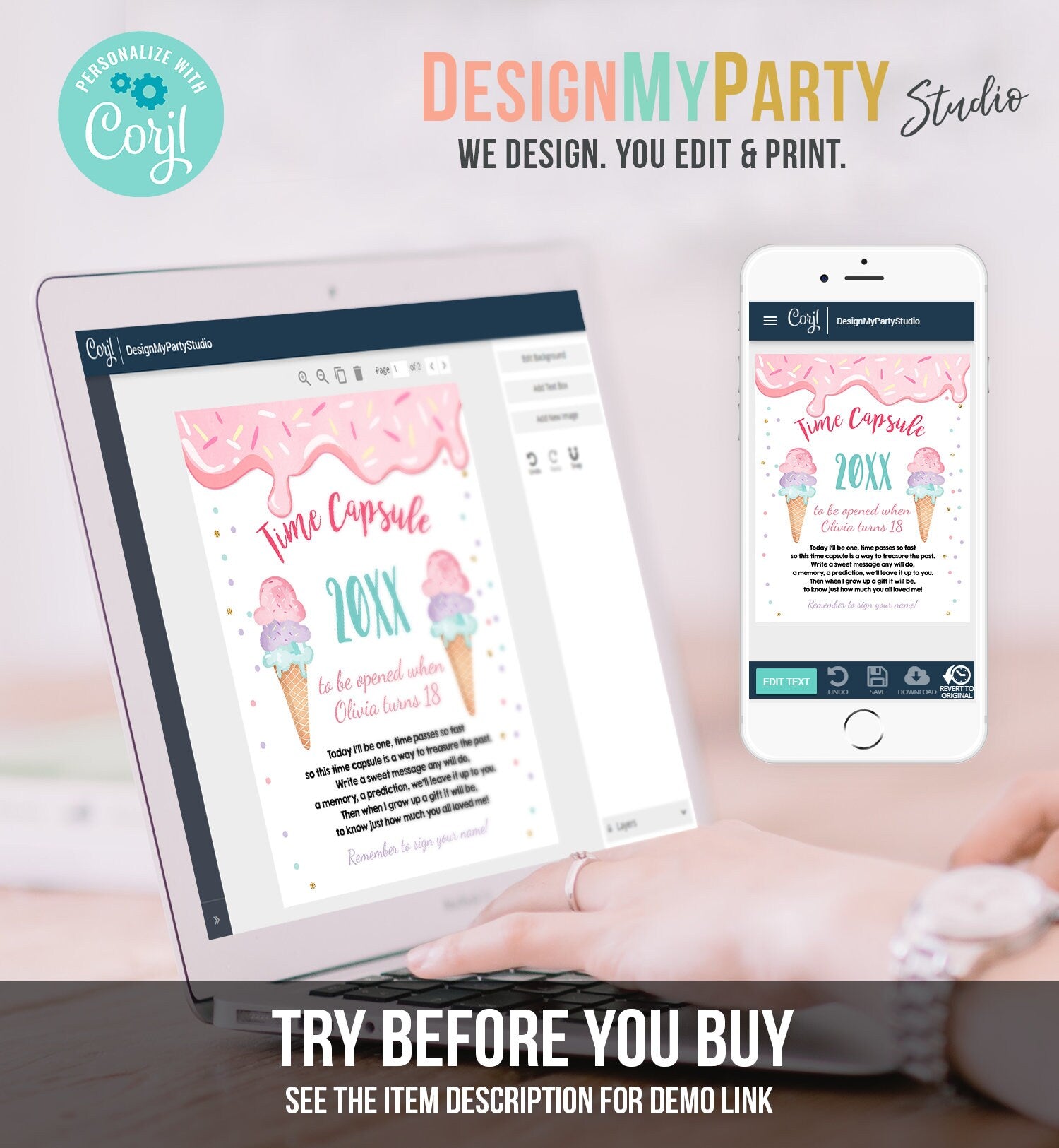 Editable Ice Cream Time Capsule First Birthday Party Ice Cream Birthday Summer Party Decor Scoop Cone Girl Digital Template Printable 0243