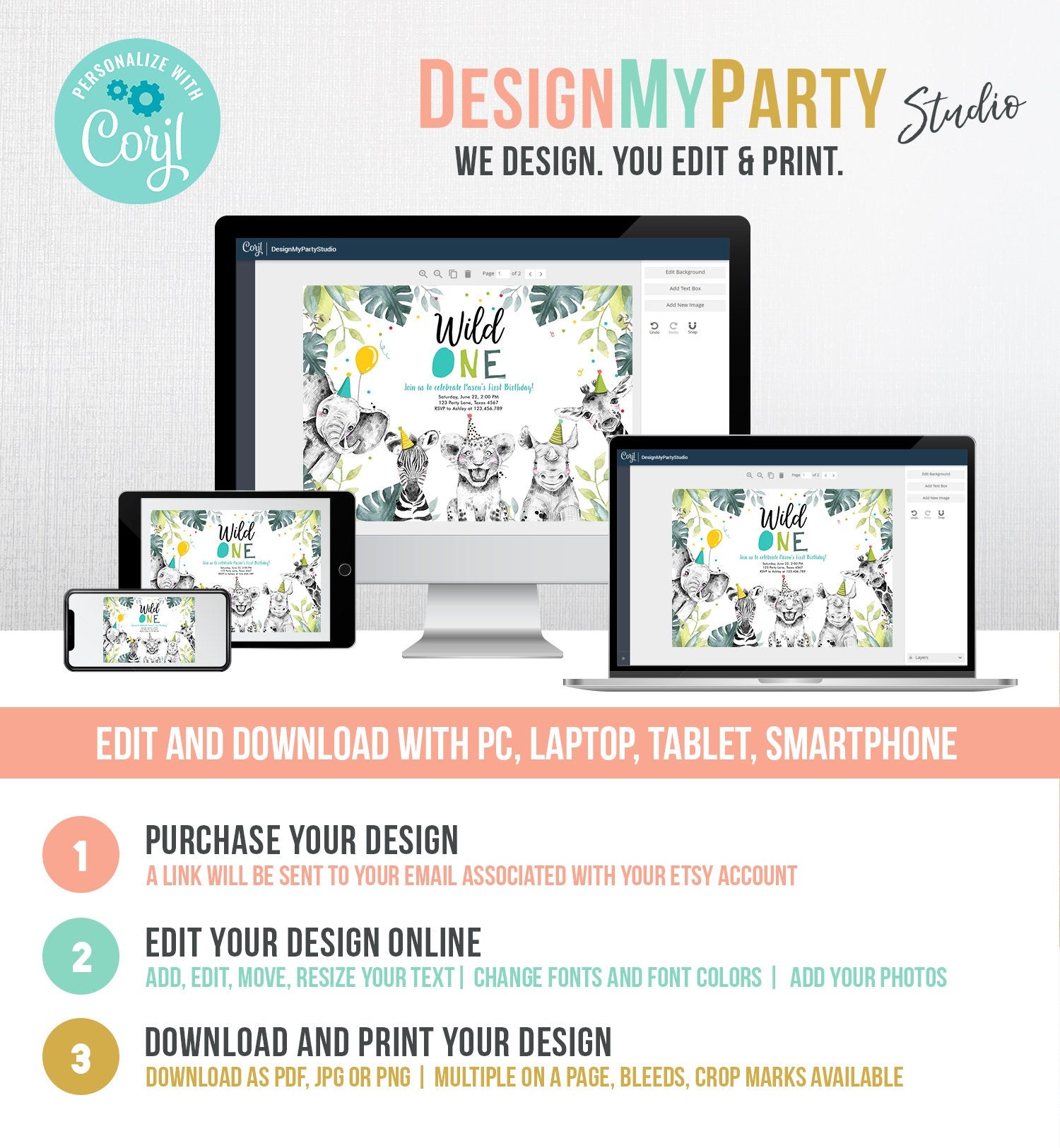 Editable Wild One Birthday Invitation Boy Safari Animals Invite Green Gold Party Animals Digital Download Evite Template Printable 0322