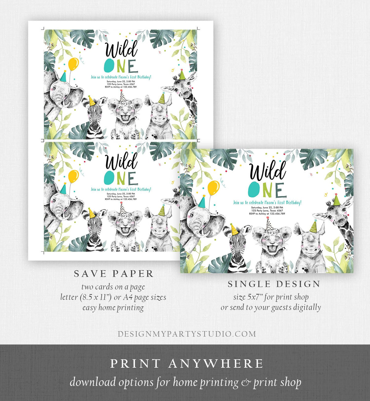 Editable Wild One Birthday Invitation Boy Safari Animals Invite Green Gold Party Animals Digital Download Evite Template Printable 0322