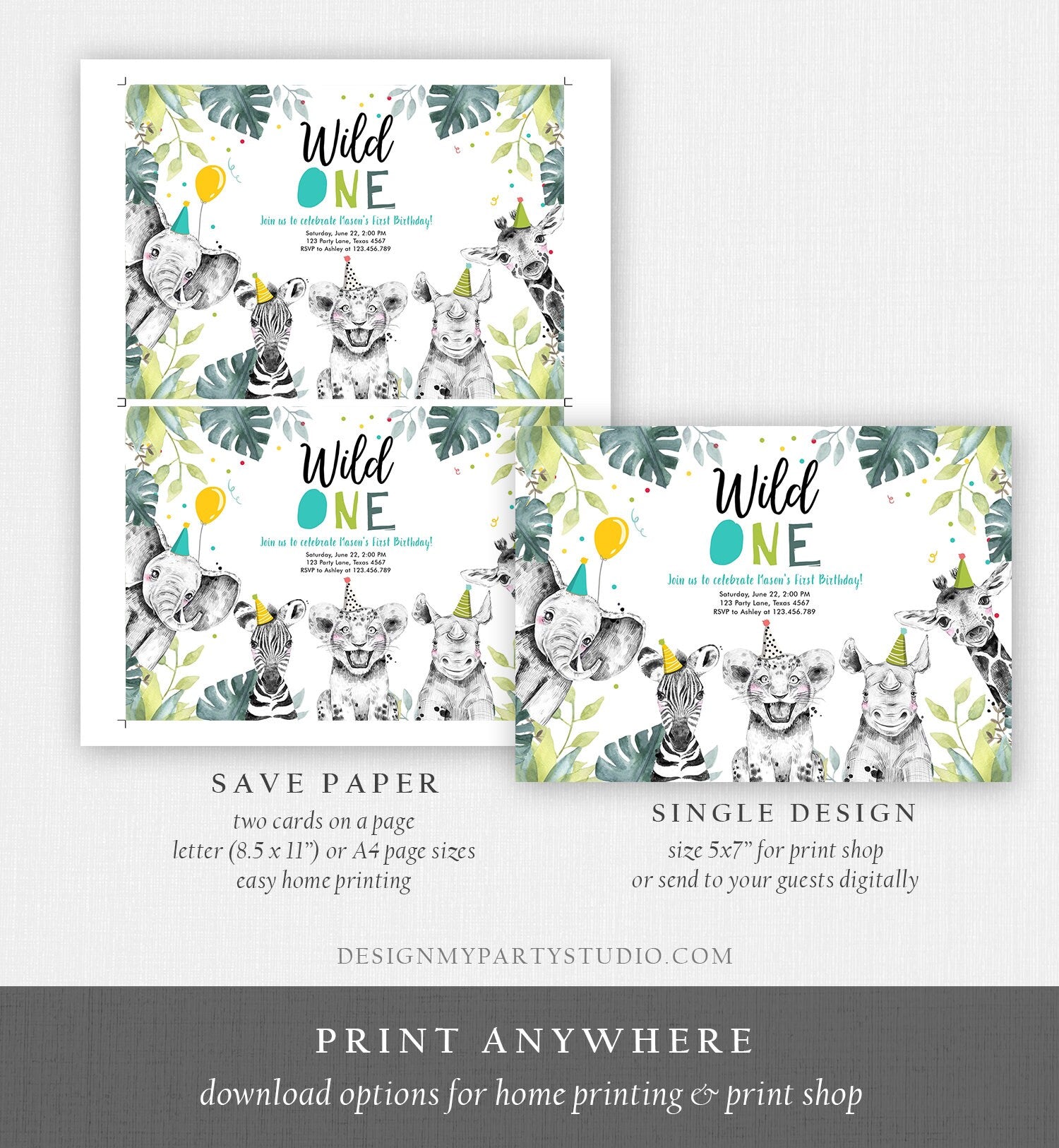 Editable Wild One Birthday Invitation Boy Safari Animals Invite Green Gold Party Animals Digital Download Evite Template Printable 0322