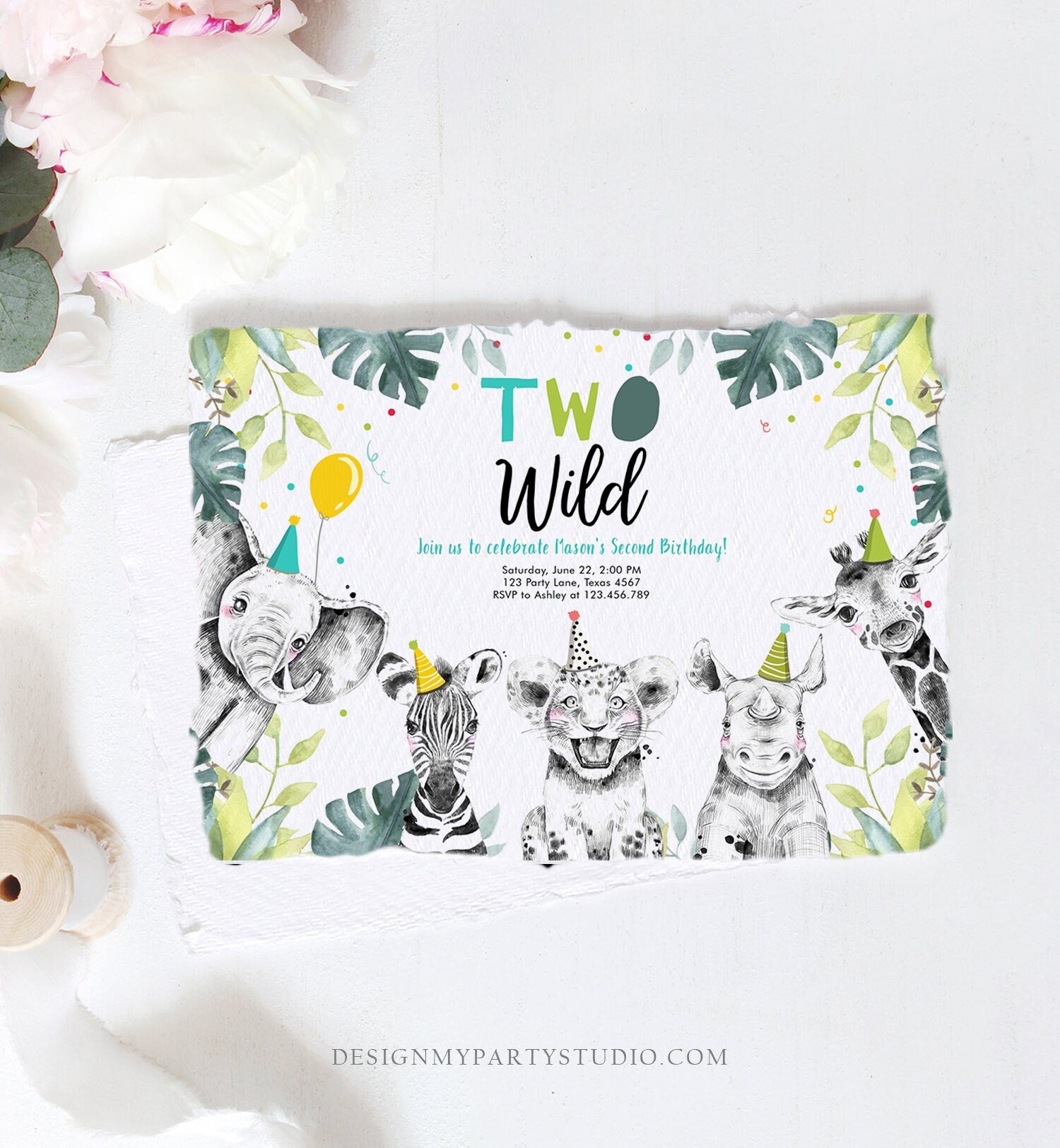 Editable Two Wild Birthday Invitation Boy Safari Animals Green Gold Safari Zoo Second Birthday 2nd Digital Download Template Printable 0322